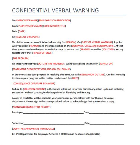 Printable Verbal Warning Template Customize And Print