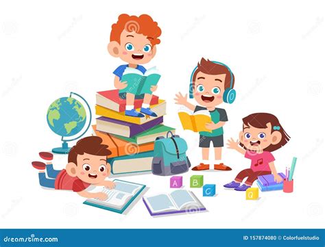 Happy Kids Read Book Study Together Stock Vector Illustration Of