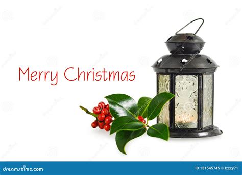 Merry Christmas Card Christmas Lantern And Christmas Holly Isolated On