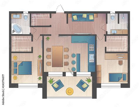 Architectural Color Floor Plantwo Bedrooms Apartment Flat