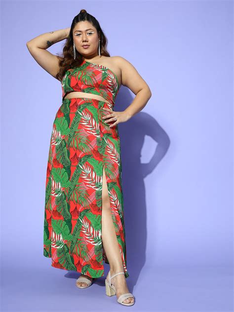 women plus size red and green tropical print one shoulder neck thigh high slit crop top and maxi