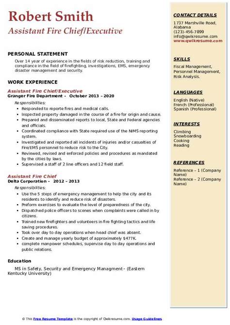 assistant fire chief resume samples qwikresume