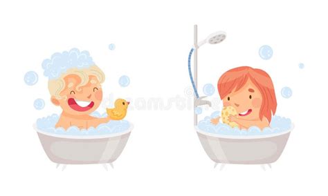 Children Doing Everyday Hygiene Activities In Bathroom Set Cute Happy