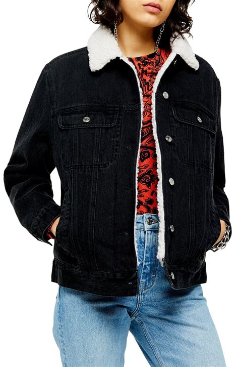 Topshop Oversize Denim Jacket With Faux Shearling Trim Nordstrom Womens Black Denim Jacket