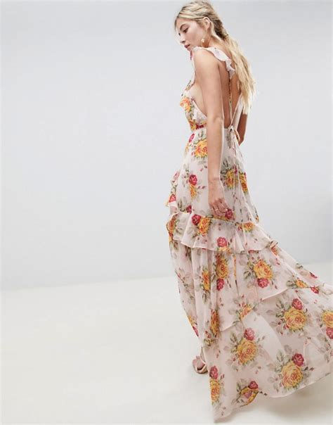 Asos Denim Ruffle Maxi Dress In Rose Floral Print In Pink Lyst