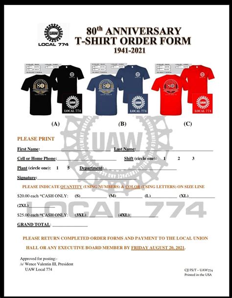 80th Anniversary T Shirt Order Form Uaw Local 774