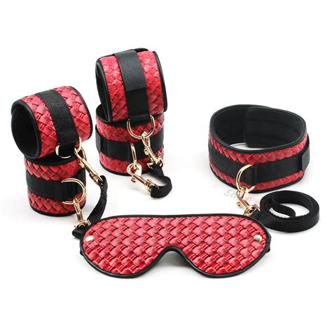 smspade red fetish 4 pieces lot pu bondage restraints kit wristcuffs footcuffs slave blindfold