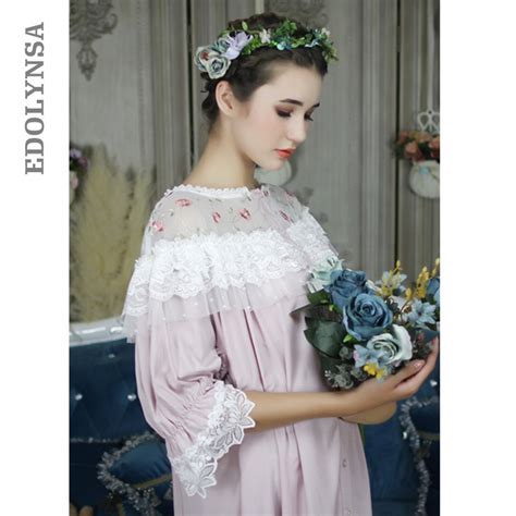 Vintage Princess Nightgown Long Cotton Lace Slash Ruffle Night Dress