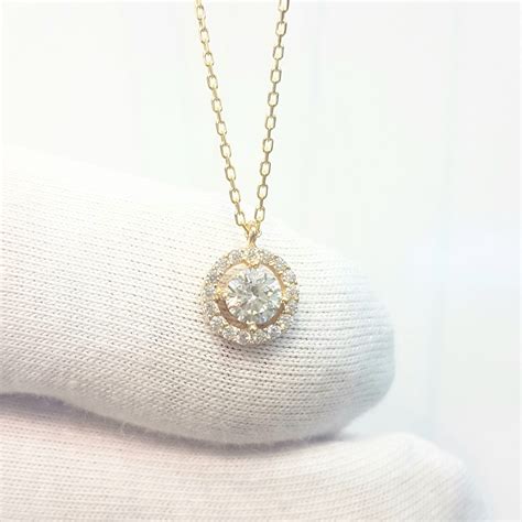 14k Real Solid Gold Halo Solitaire Pendant Necklace For Women