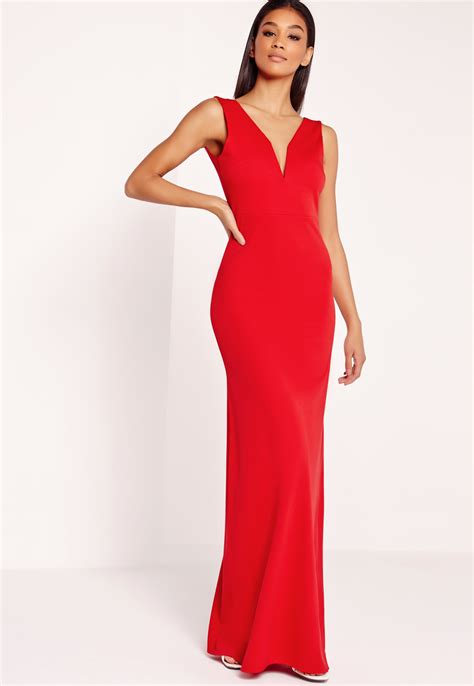 Missguided V Neck Plunge Maxi Dress Red In Red Lyst