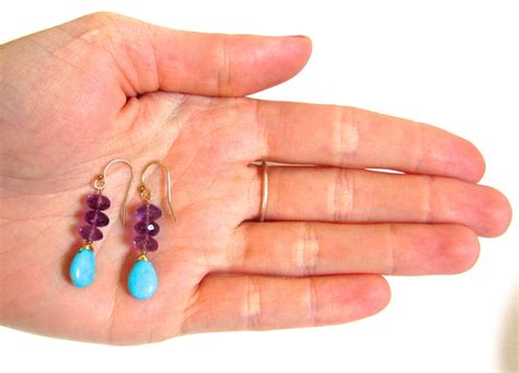 Turquoise Amethyst Earrings K Gold Fill Wire Wrapped Stacked Etsy