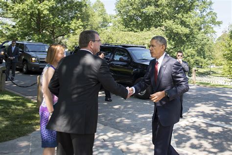 defense secretary ash carter and his wife stephanie greet president barack obama as he arrives