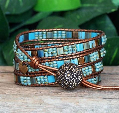 Turquoise And Bronze Tile And Seed Bead Multi Wrap Bracelet Unique