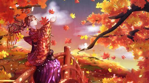 Download Wallpaper 1920x1080 Girl Kimono Maple Leaves Autumn Anime