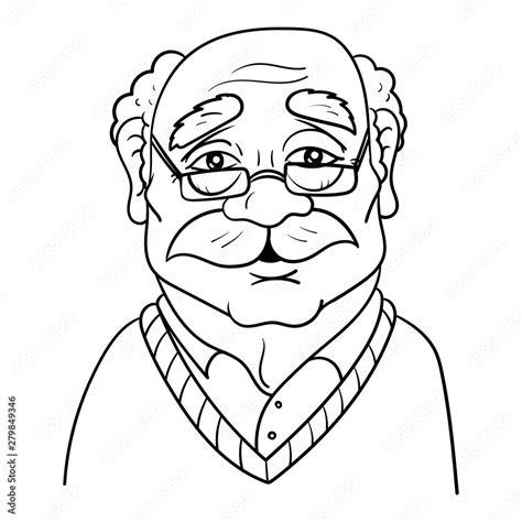 cartoon drawing of an old grandpa with mustache and glasses vector character outline doodle