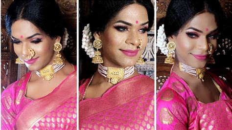 Indian crossdresser's transformation from male to female in blue saree. Male to Female Transformation | Maharashtrian Makeup Look ...