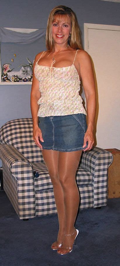 2 Blonde Mature In Denim Mini Skirt And Pantyhose Skirt Mature