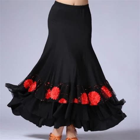Women Black Ballroom Dance Skirt Long Swing Modern Standard Waltz