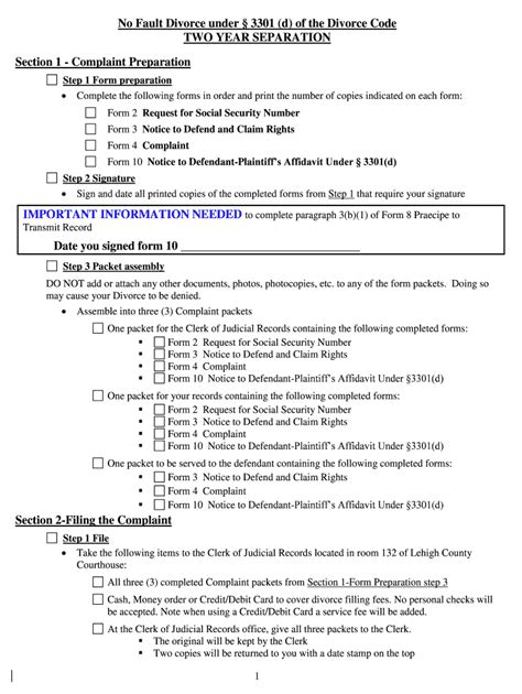 No Fault Divorce Under 3301 D Of The Divorce Code Two Year Fill Out