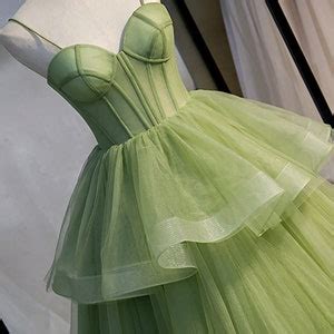 Hand Made Sage Green Tulle Prom Dressspaghetti Straps A Line Etsy