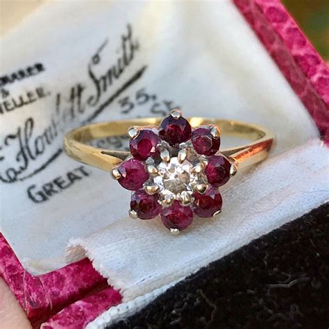 Vintage 18ct Gold Ruby And Diamond Cluster Engagement Ring Etsy