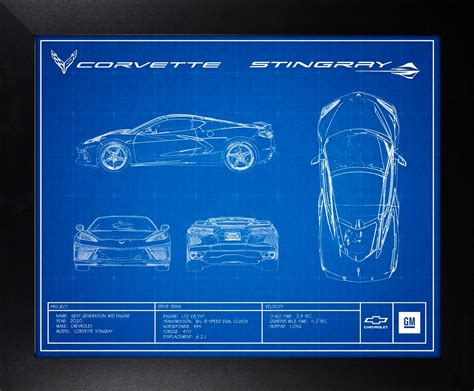 C8 Corvette Blueprint Framed Canvas Picture Auto Gear Direct