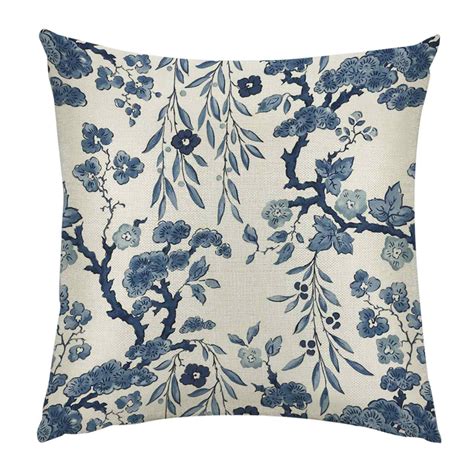 Baocc Throw Pillow Covers 1pc Floral Blue And White Cotton Linen Pillow
