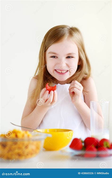 Little Girl Eating Cereal With Milk Stock Photo Image Of Fruit
