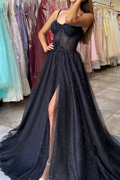 Hellymoon Women Black Tulle Corset Prom Dress With Slit Spaghetti