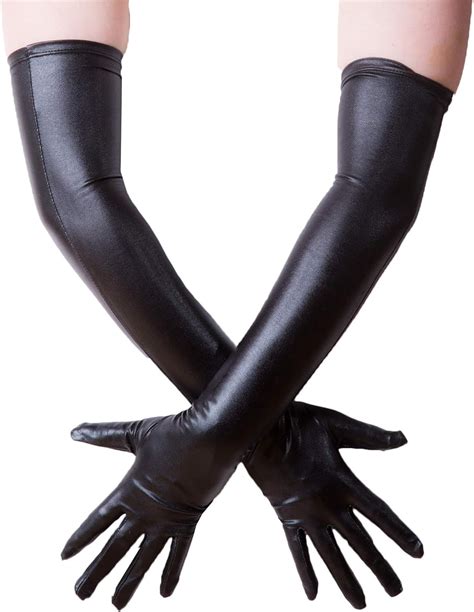 Womens Wet Look Elbow Length Shiny Black Gloves One Size Fits Most Latex Gloves