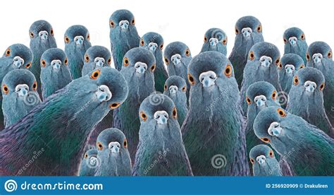 Crowd Of Pigeons Looking At Camera Isolated On White Stock Image