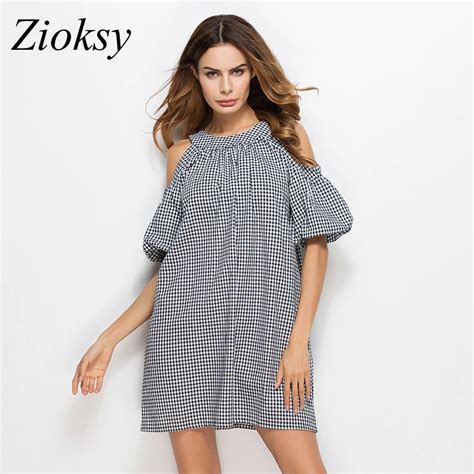 Zioksy New 2017 Summer Cold Shoulder Plaid Dress Women Ladies Casual Loose Back Bowknot Cute