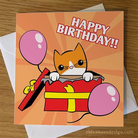 Cartoon Cat Birthday Card Cute Greeting Cards Ride A Wave Design