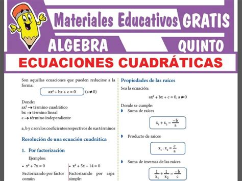 Ecuaciones Cuadráticas Para Quinto Grado De Secundaria ≫ Materiales