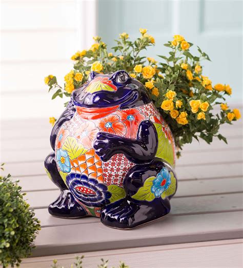 Colorful Handcrafted Talavera Style Frog Sculptureplanter Wind And
