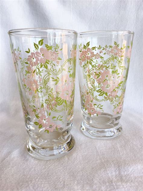 Libbey Floral Drinking Glasses Vintage Pink Tumbler Crystal Glassware Antiques Vintage