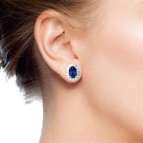 Natural Royal Blue Sapphire And Diamond Studs Earrings In K Gold