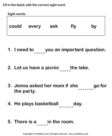 It has 5 true/false statements and 10 fill in the blanks. Complete Sight Words in Sentences Worksheet - Turtle Diary