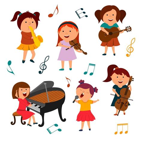 A Set Of Cartoon Illustrations Of Children Musicians Girls With