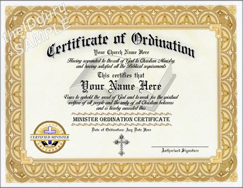Ordained Minister Certificate Custom Printed With Your