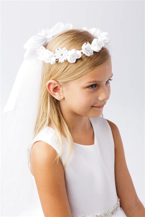 Wreath First Communion Veil With Satin And Organza Flowers