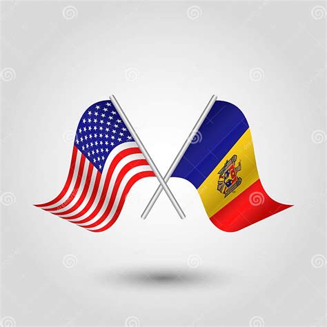 Vector Crossed American And Moldovan Flags On Silver Sticks Symbol Of