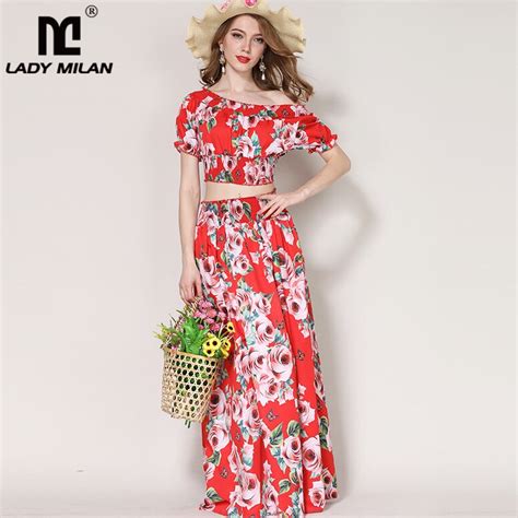 New Arrival 2018 Womens Slash Neckline Short Sleeves Floral Printed Blouse With A Line Skirts