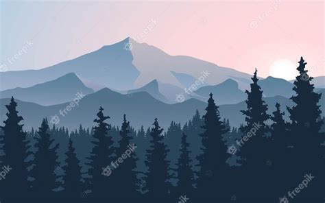 Premium Vector Mountain Scene With Forest And Sunrise