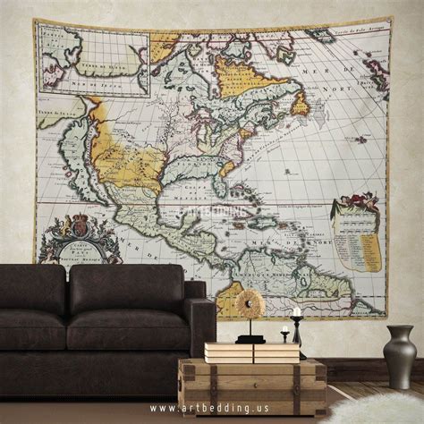 North America 1698 Vintage Map Wall Tapestry Vintage Interior World