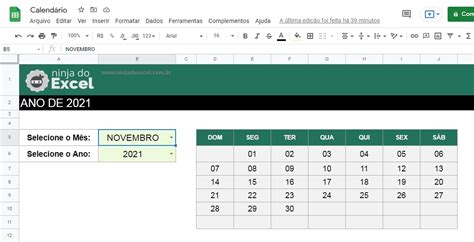 Calendário no Planilhas Google Ninja do Excel