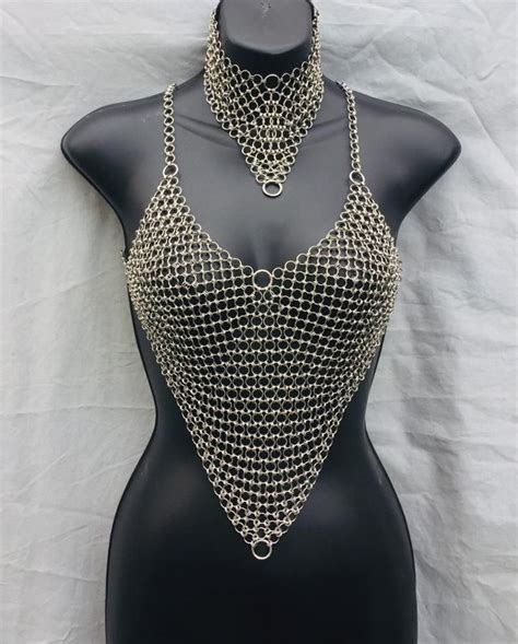 Halter Top Choker Necklace Chainmail Stainless Steel Etsy Uk Chain Mail Chainmail Clothing
