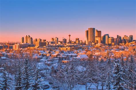 Panoramic Winter Sunrise Over Downtown Calgary Stock Image Image Of