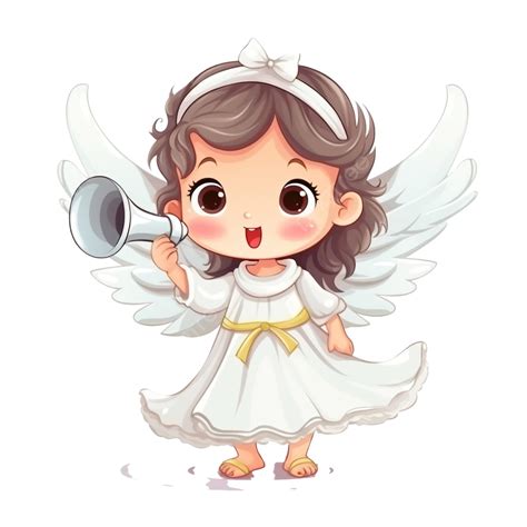 Cute Little Christmas Angel With Trumpet Asian Baby Girl Cartoon