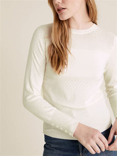 Marks And Spencer M Light Cream Textured Crew Neck Button Detail